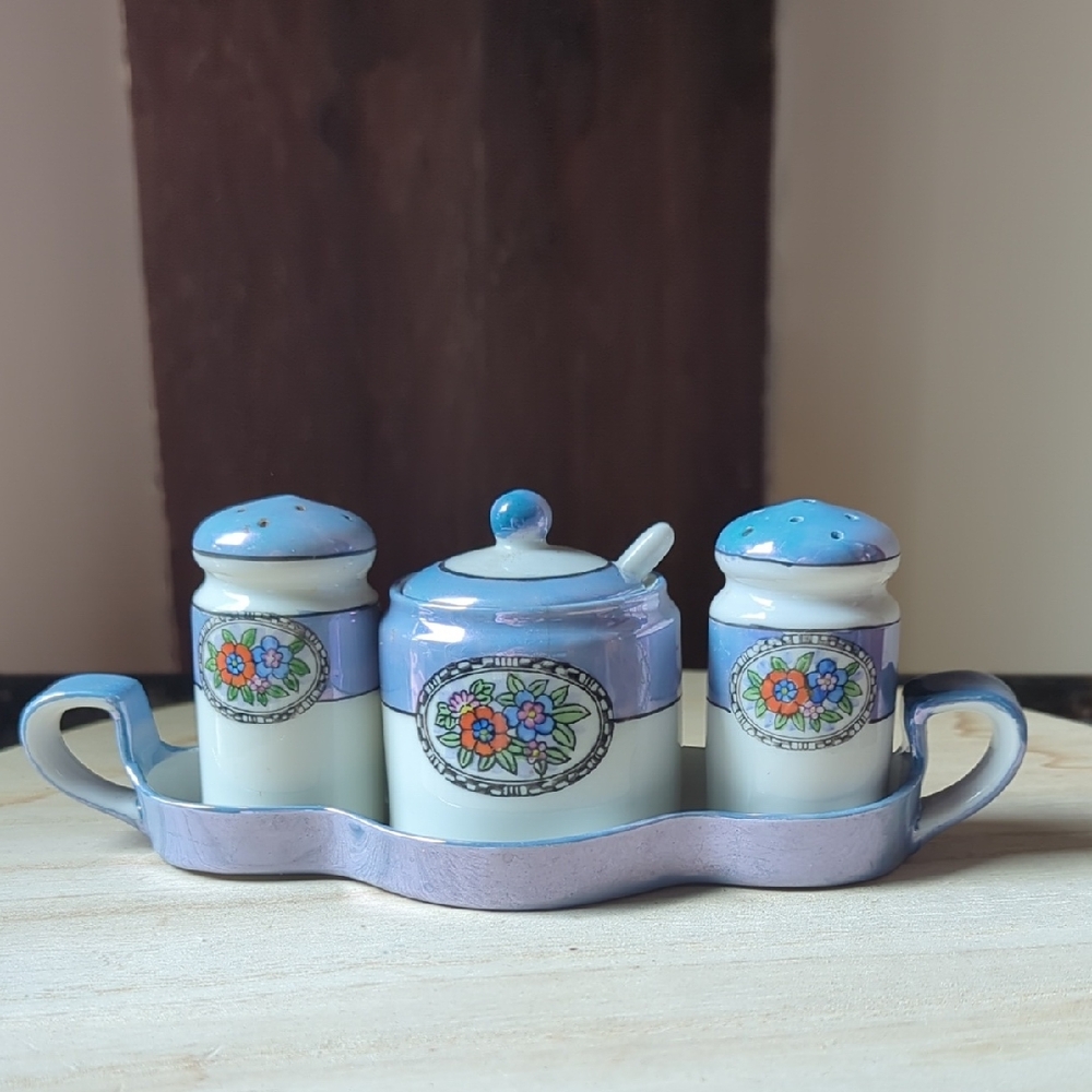 Vintage Glass Lusterware Salt & Pepper Shaker With Sugar Serve Noriake Set Japan